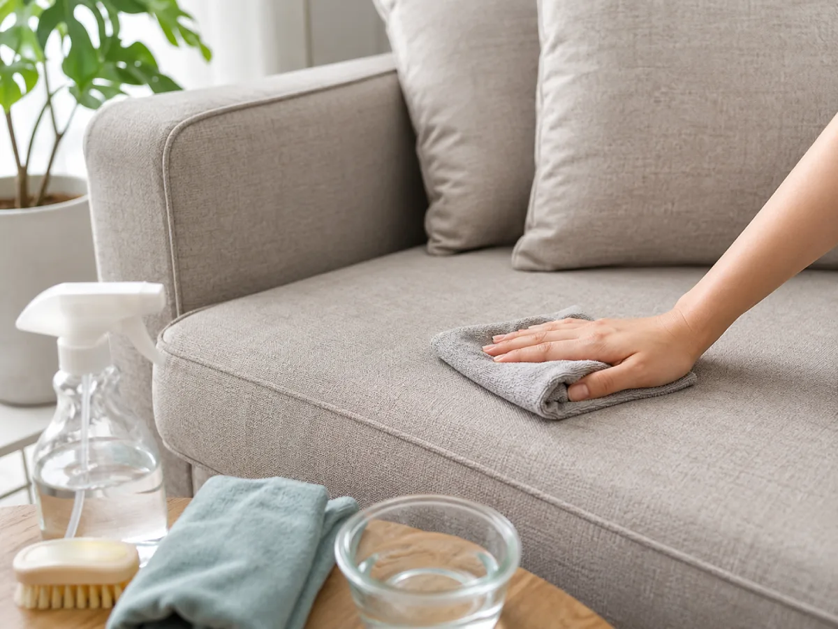 Tangan seseorang sedang mengusap permukaan sofa kain berwarna abu-abu muda menggunakan lap basah, dengan botol semprot, sikat kecil, dan mangkuk air yang tersedia di atas meja kayu di dekatnya.