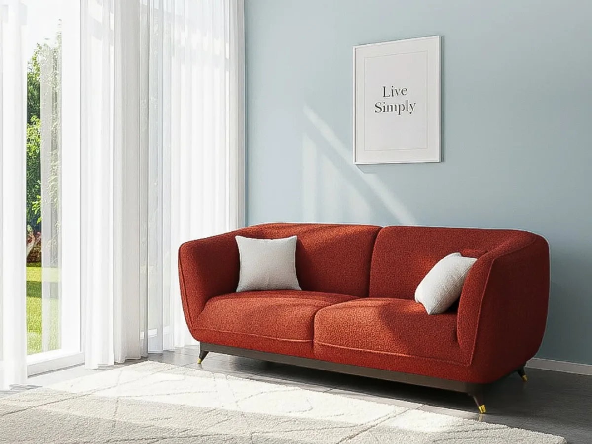 Sofa dua dudukan berwarna merah bata dengan sofa minimalis di ruang tamu modern bernuansa terang, dilengkapi karpet krem dan cahaya alami dari jendela besar.