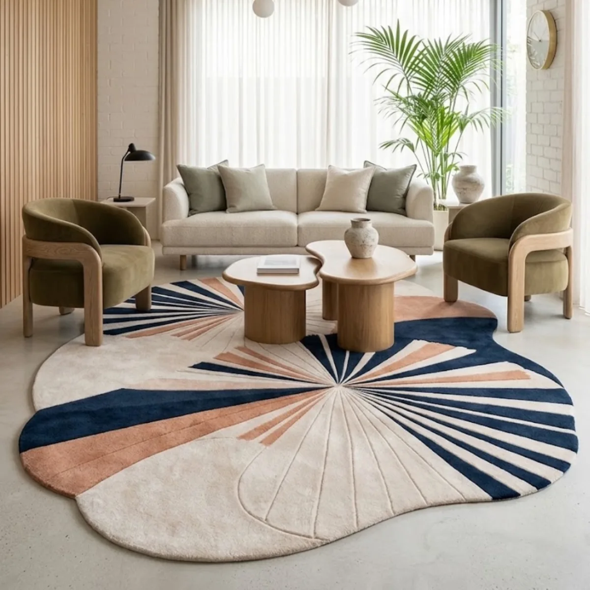 Karpet lantai ruang tamu berdesain abstrak unik dengan perpaduan warna biru coklat dan krem yang estetik