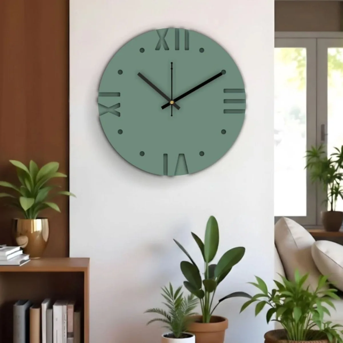 Jam dinding minimalis berwarna hijau sage dengan desain angka romawi sebagai dekorasi dinding ruang tamu yang elegan dan estetik