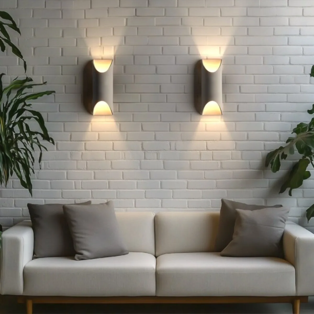 Lampu dinding atau wall sconce yang menyorotkan cahaya ke atas dan ke bawah untuk menambah dimensi dan suasana hangat tanpa memakan tempat di meja