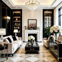 Ruang tamu mewah dengan sofa elegan, lampu kristal, dan interior hitam emas