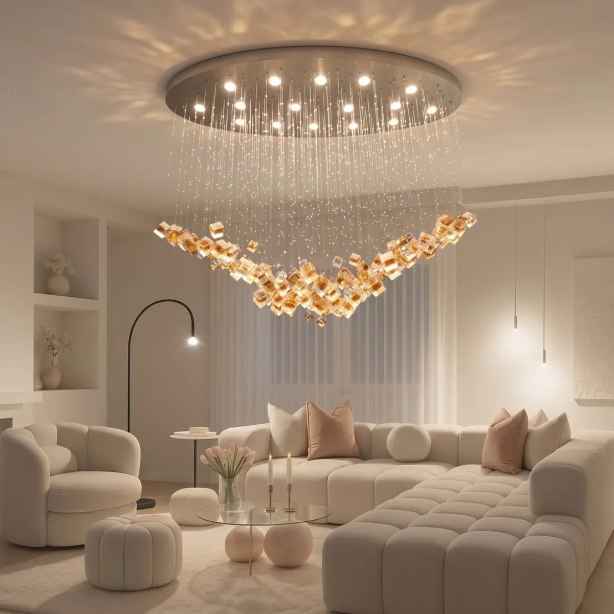 Lampu gantung kristal modern bercahaya hangat dengan desain abstrak menjuntai di atas sofa krem ruang tamu