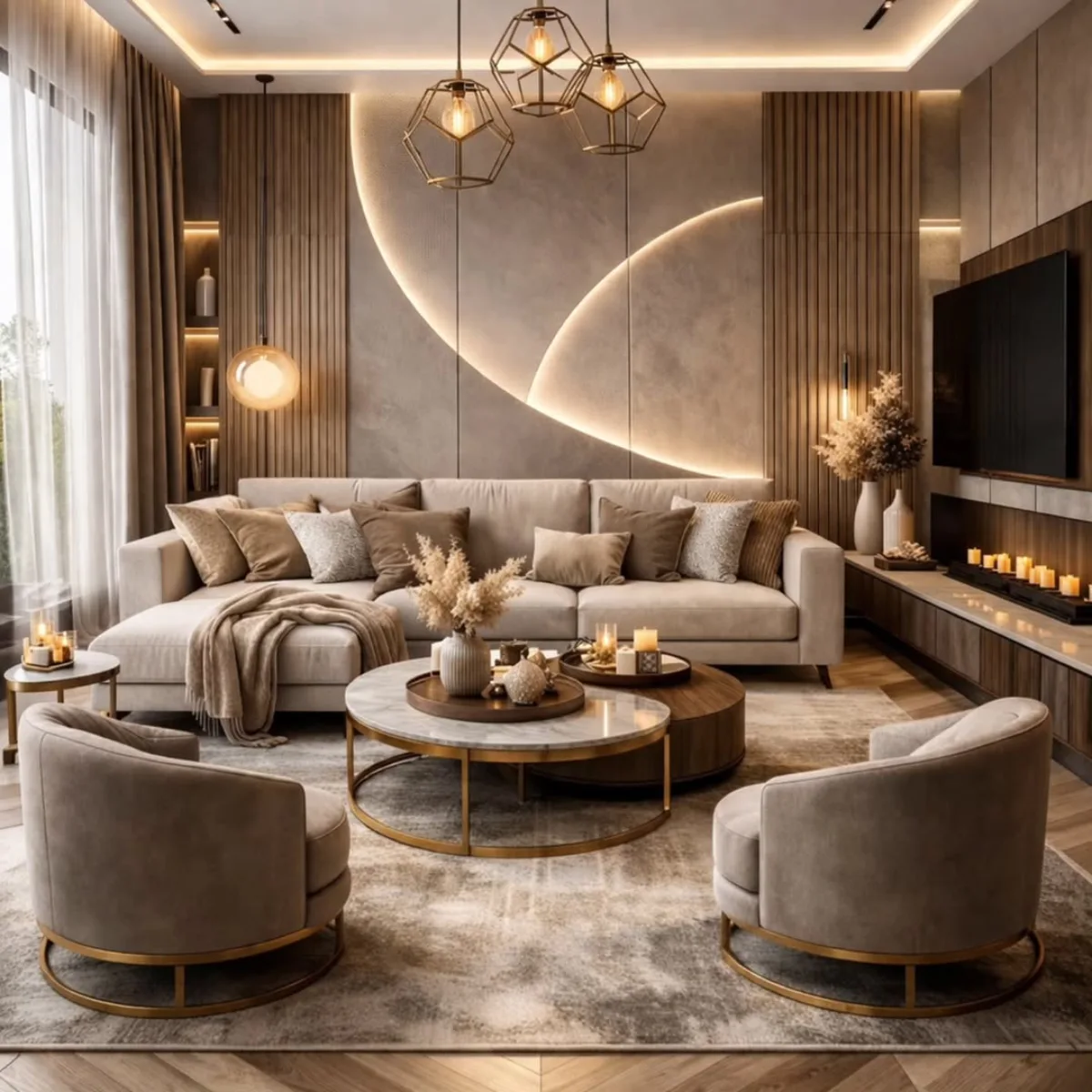 Interior ruang tamu modern dan mewah bernuansa hangat dengan sofa krem, meja kopi bundar, lampu gantung geometris, dan dinding aksen berpanel kayu dengan pencahayaan melengkung.