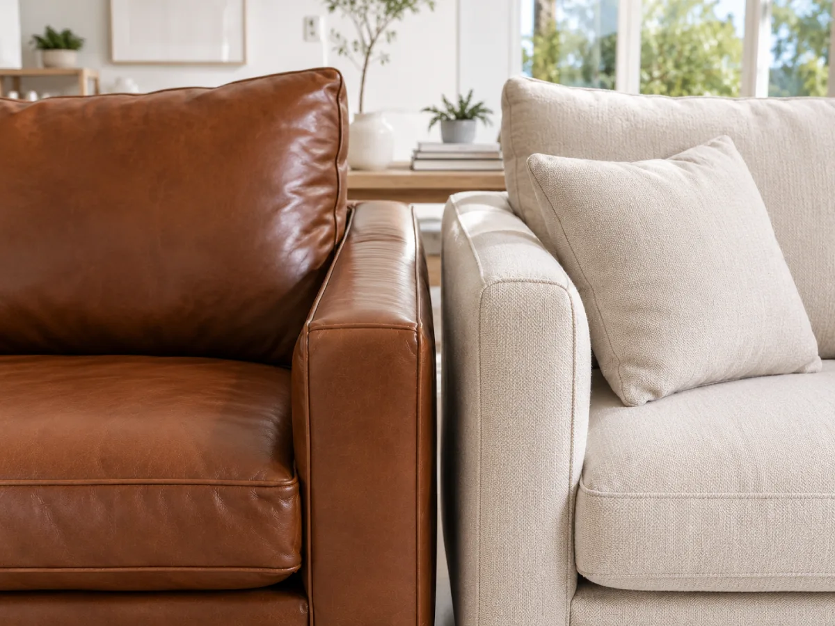 Close-up perbandingan sofa kulit cokelat dan sofa kain beige di ruang tamu modern dengan pencahayaan alami terang.