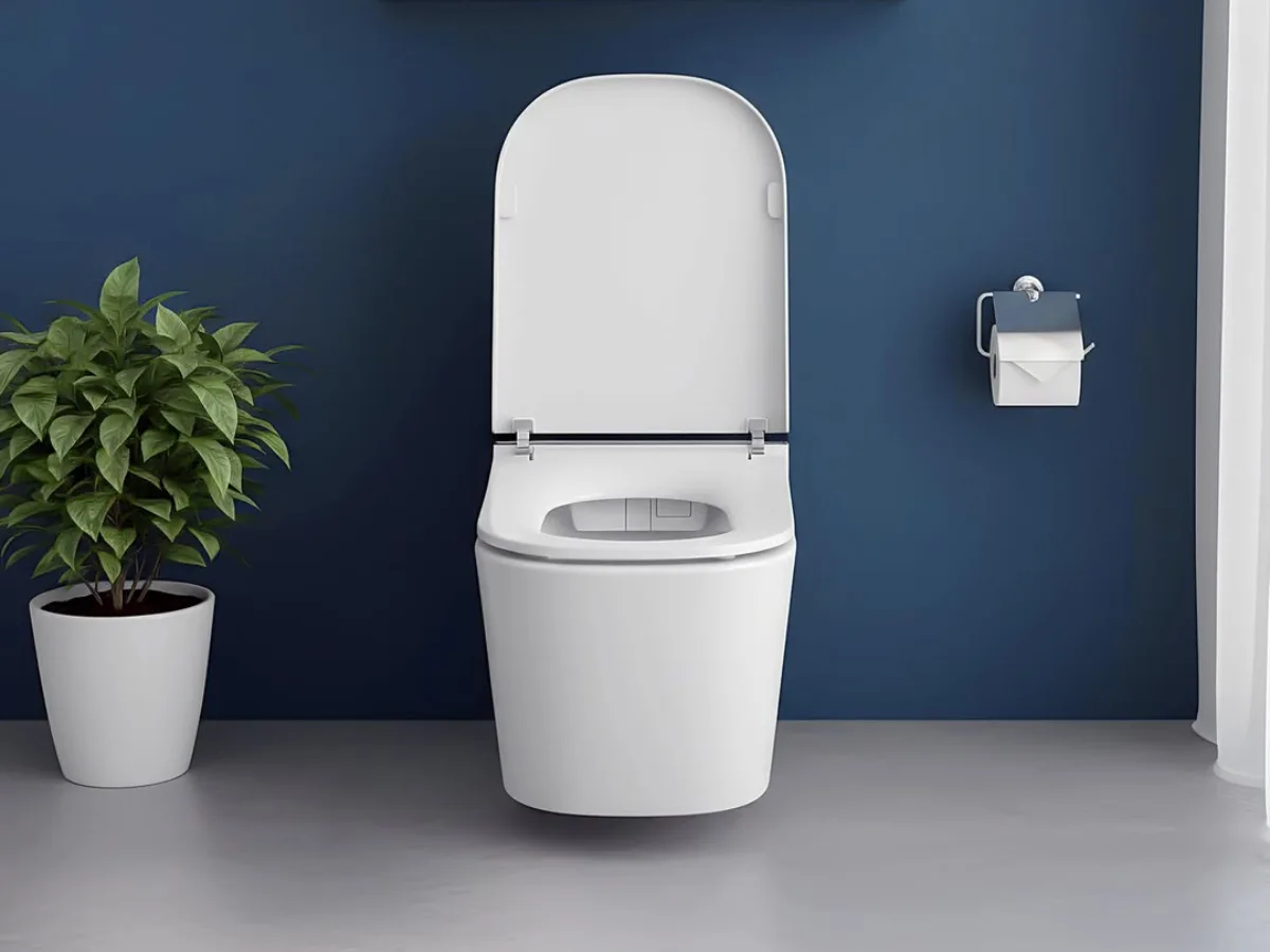 Toilet duduk modern berwarna putih di kamar mandi bersih dengan dinding biru, rak handuk minimalis, dan tanaman hias di sudut ruangan