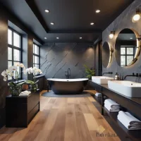 Desain kamar mandi mewah dengan bathtub berdiri, dinding batu gelap, lantai kayu, wastafel ganda, dan pencahayaan modern.