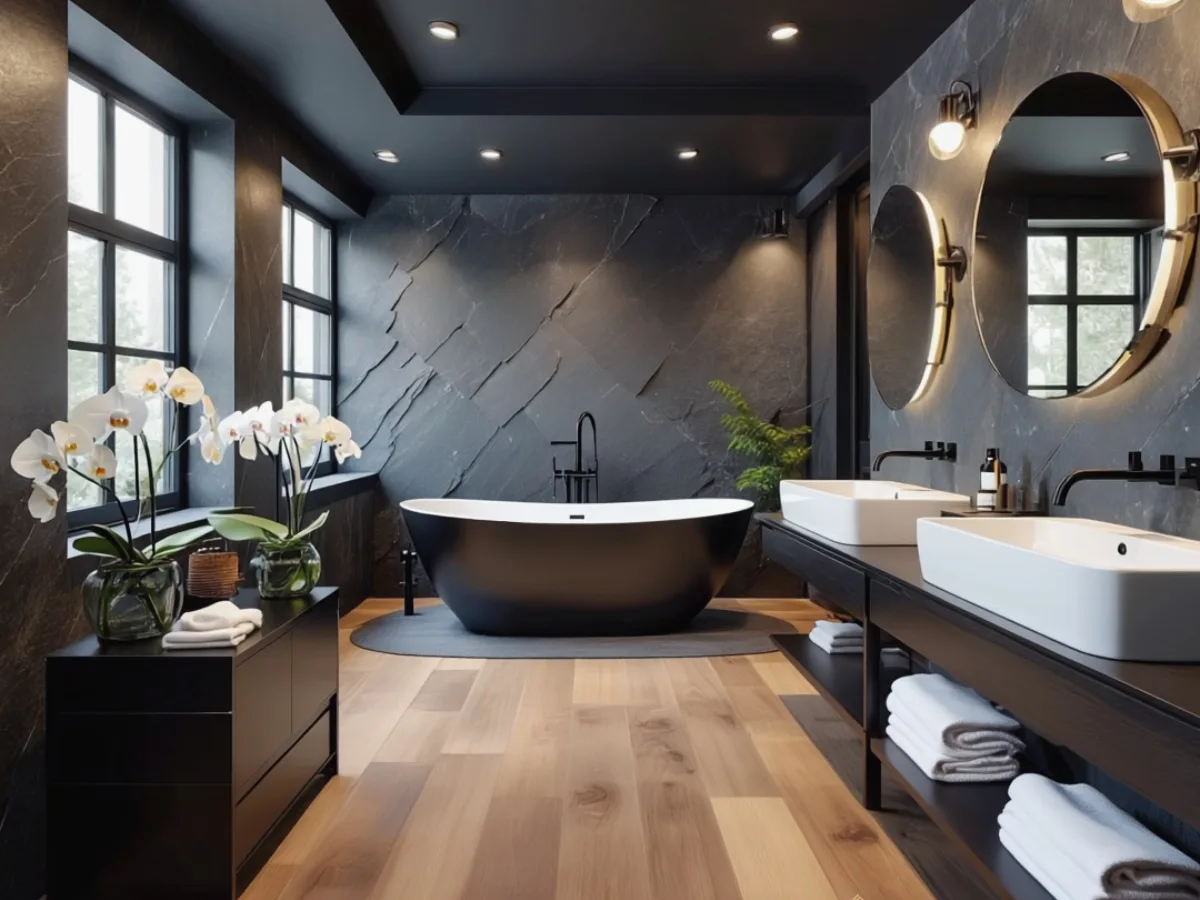Desain kamar mandi mewah dengan bathtub berdiri, dinding batu gelap, lantai kayu, wastafel ganda, dan pencahayaan modern.