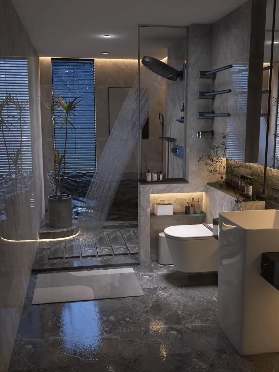Desain kamar mandi modern mewah dengan nuansa gelap, menampilkan dinding dan lantai batu marmer abu-abu, area shower walk-in dengan rain shower head, serta pencahayaan LED strip tersembunyi yang memberikan kesan dramatis di bawah rak dinding.