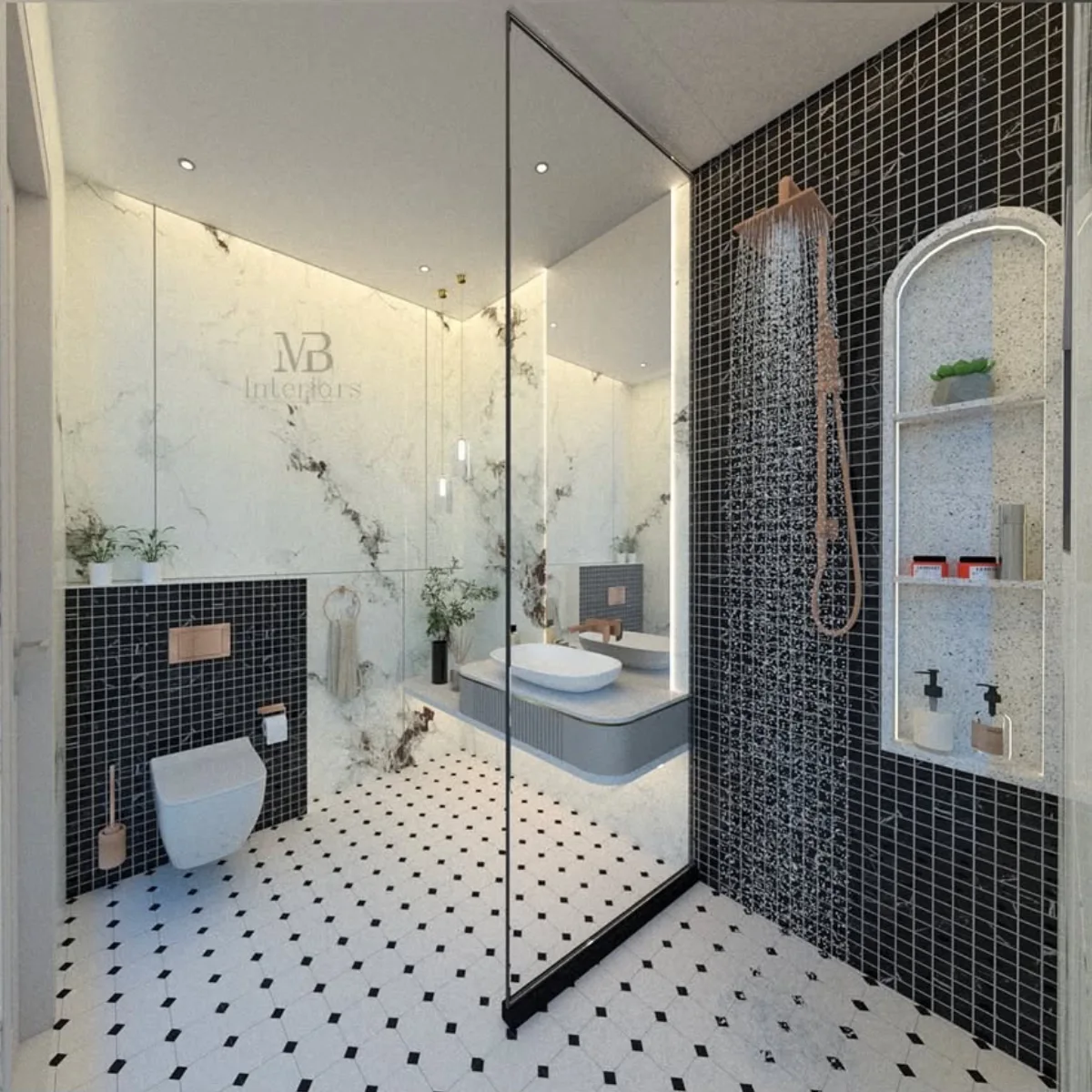 Tampilan dalam area shower dengan dinding ubin mozaik hitam kecil, shower head berwarna tembaga (rose gold), rak dinding (niche) berbentuk lengkungan (arch) dengan lampu latar, serta toilet gantung di sisi dinding marmer.