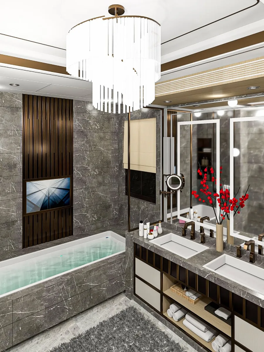 Detail area vanity ganda (double sink) dengan kabinet kayu dan aksen emas, keran air model klasik modern, cermin besar berbingkai putih, dan pemandangan ke arah bathtub marmer di sebelahnya.