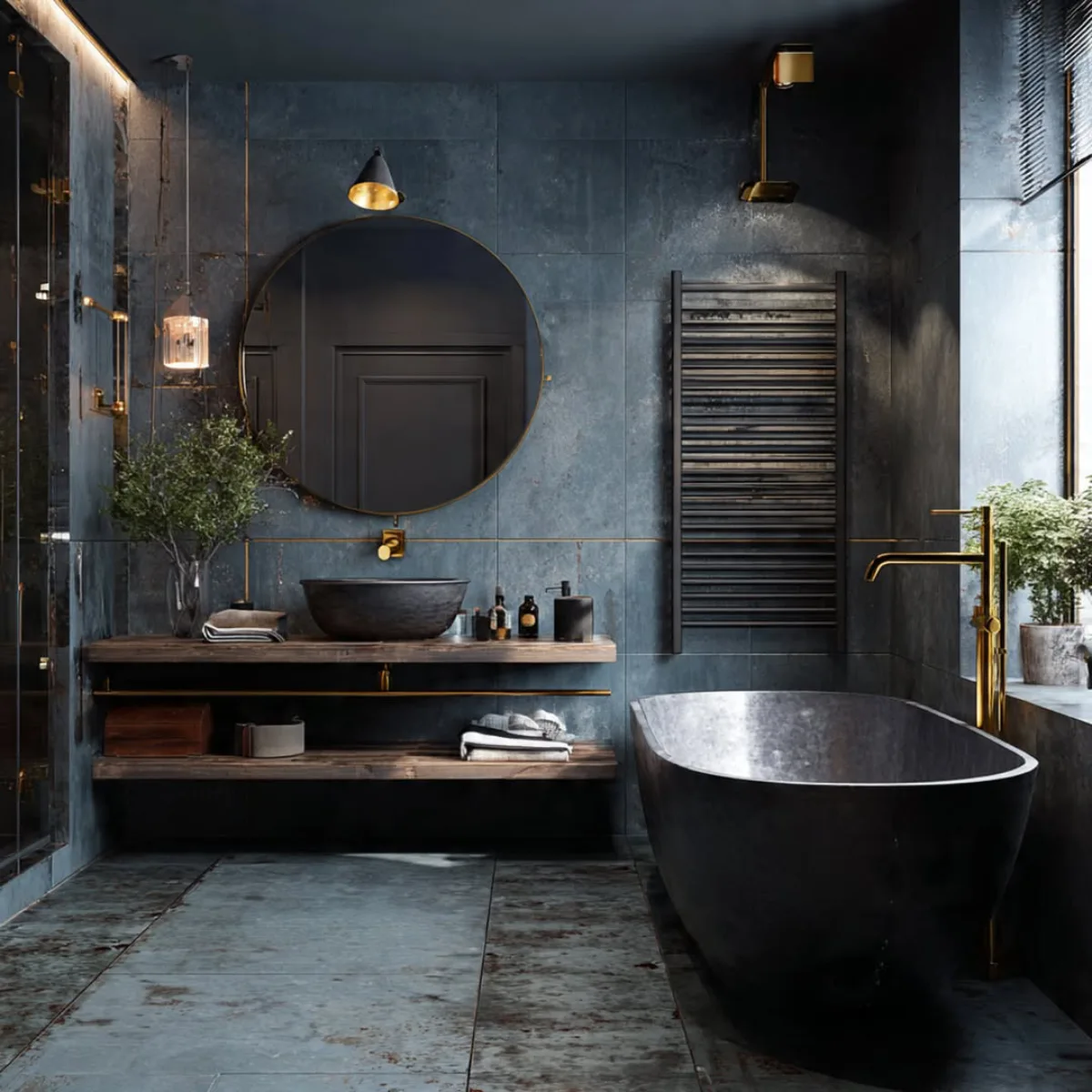 Kamar mandi bergaya industrial mewah dengan dinding biru tua bertekstur kasar, bathtub batu alam berdiri bebas (freestanding), wastafel batu bulat di atas meja kayu apung, cermin bulat besar, dan perlengkapan keran berwarna emas yang elegan.