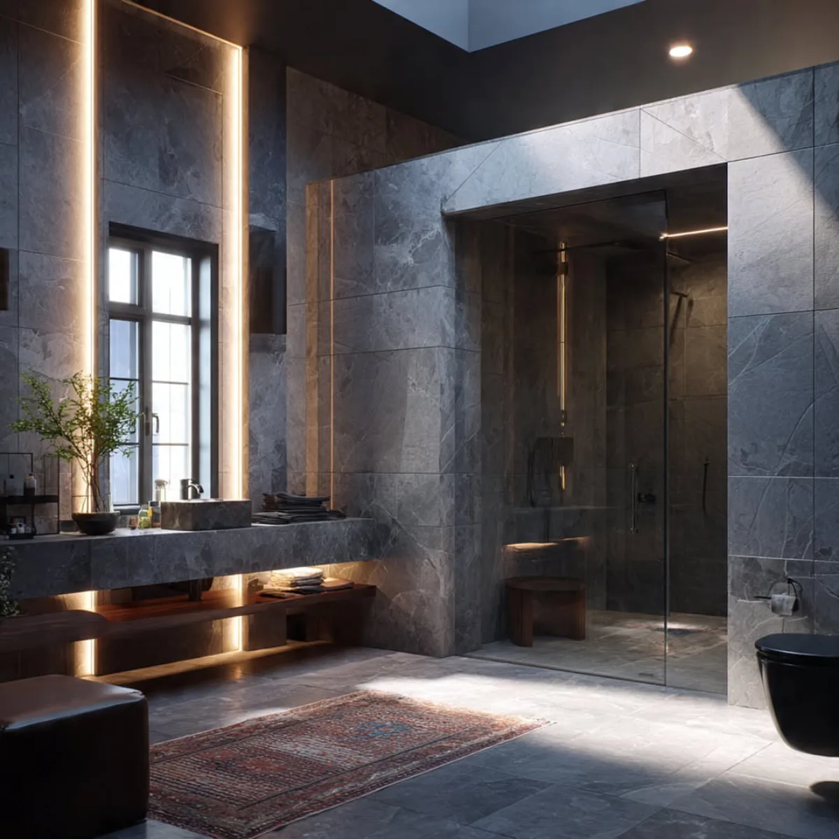 Sudut pandang luas kamar mandi modern dengan ubin batu abu-abu besar, menampilkan area shower kaca transparan yang luas, pencahayaan vertikal LED di dinding, serta skylight di langit-langit yang memberikan pencahayaan alami.