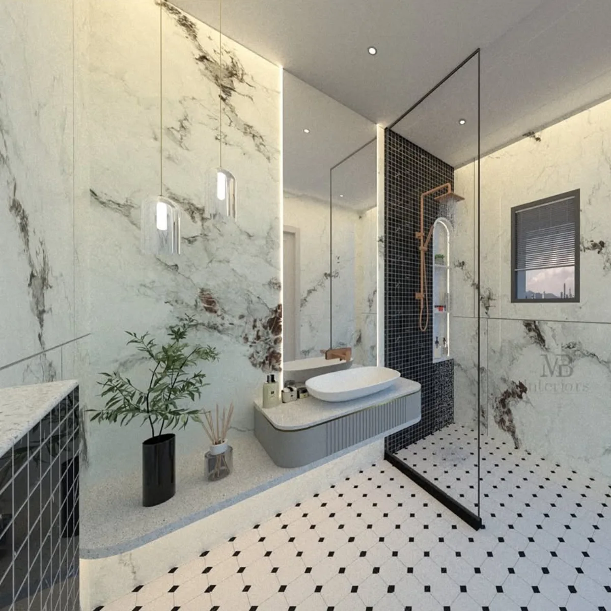 Kamar mandi terang dengan lantai ubin pola berlian hitam-putih klasik, dinding marmer putih dengan urat abu-abu tajam, area wastafel gantung modern, dan partisi kaca bening yang memisahkan area shower dengan ubin mozaik hitam.