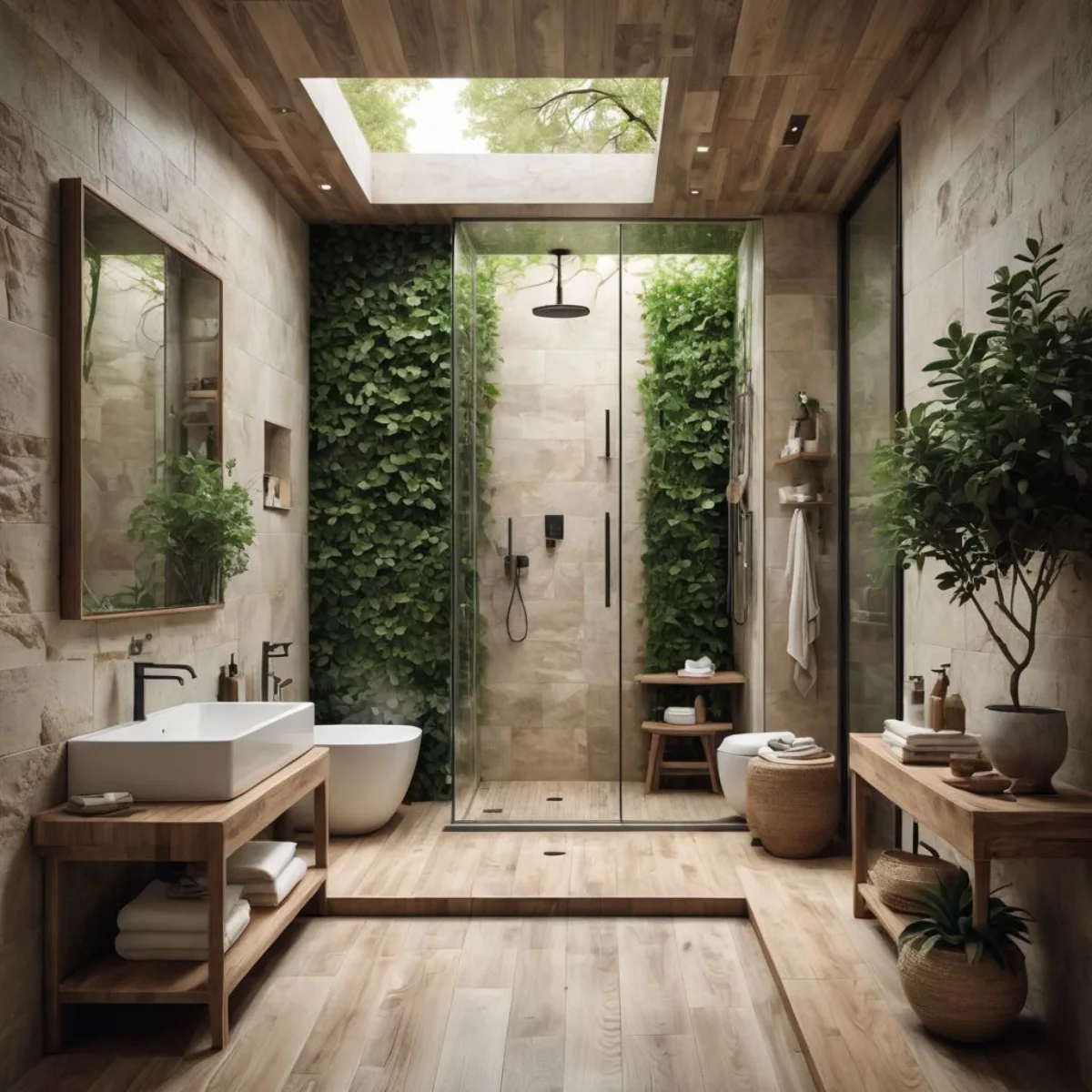 Desain kamar mandi modern dengan atap kaca skylight dan dinding tanaman vertikal di area shower