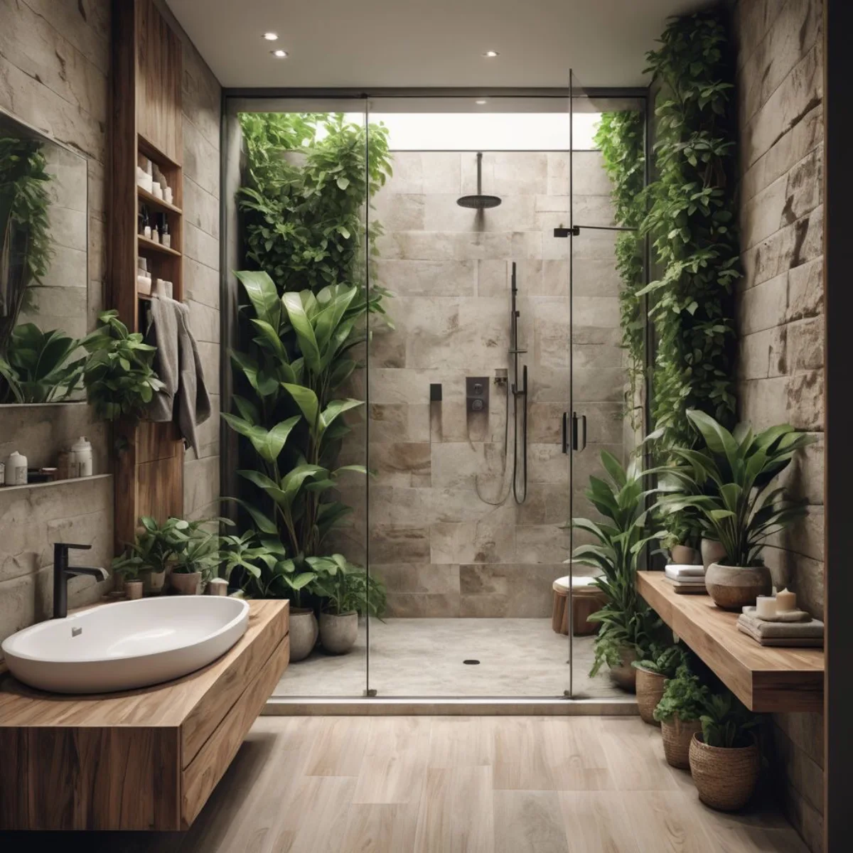 Kamar mandi nuansa alam jungle vibes dengan dinding batu kasar dan tanaman rambat lebat