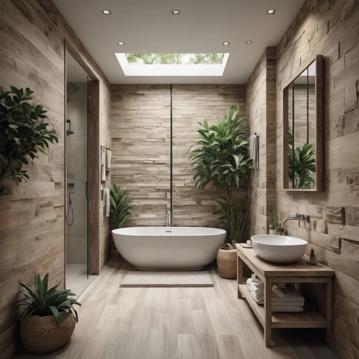 Kamar mandi zen dengan bathtub putih, dinding batu alam bertekstur, dan tanaman hias besar
