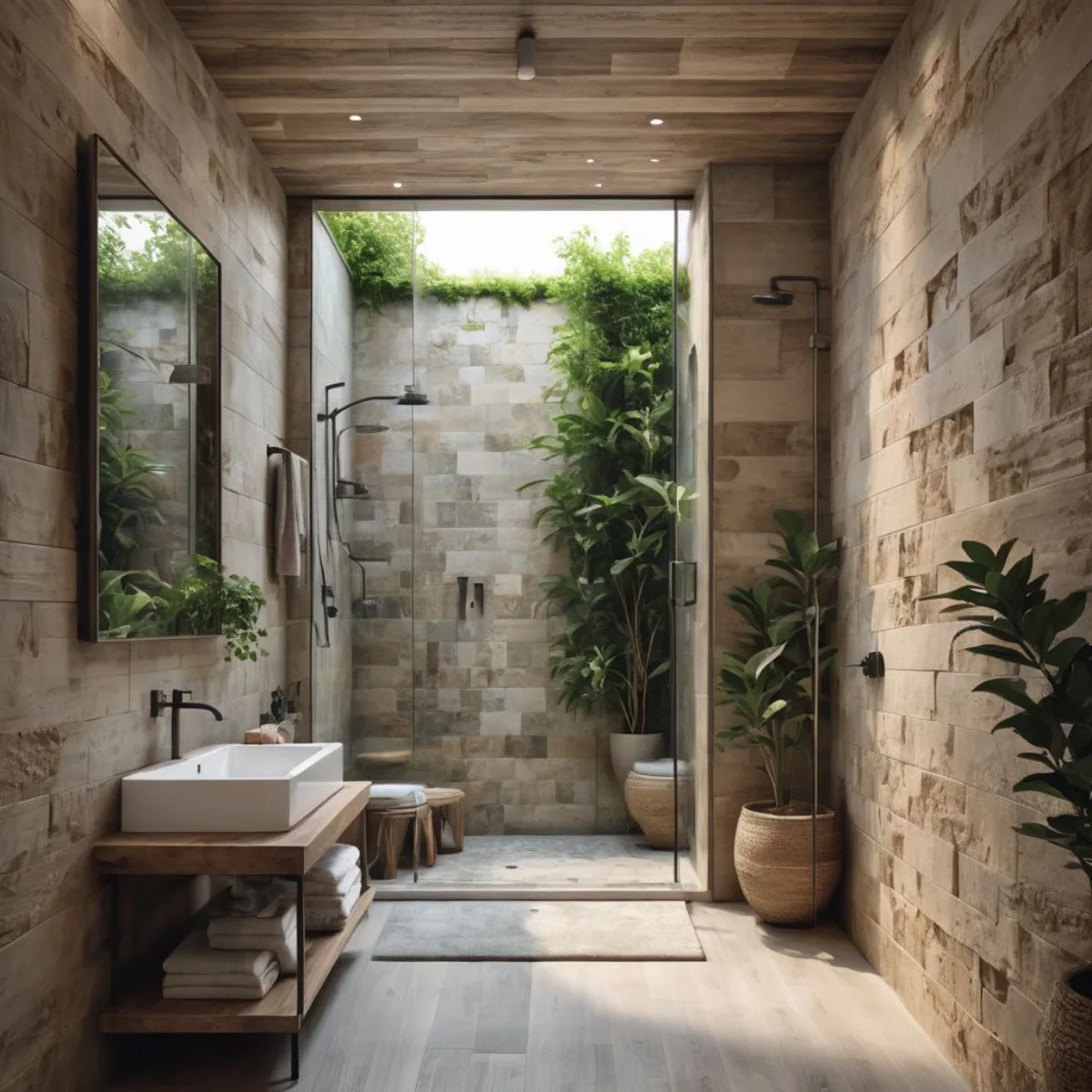 Lorong kamar mandi konsep tropis dengan dinding batu dan area shower terbuka beratapkan langit