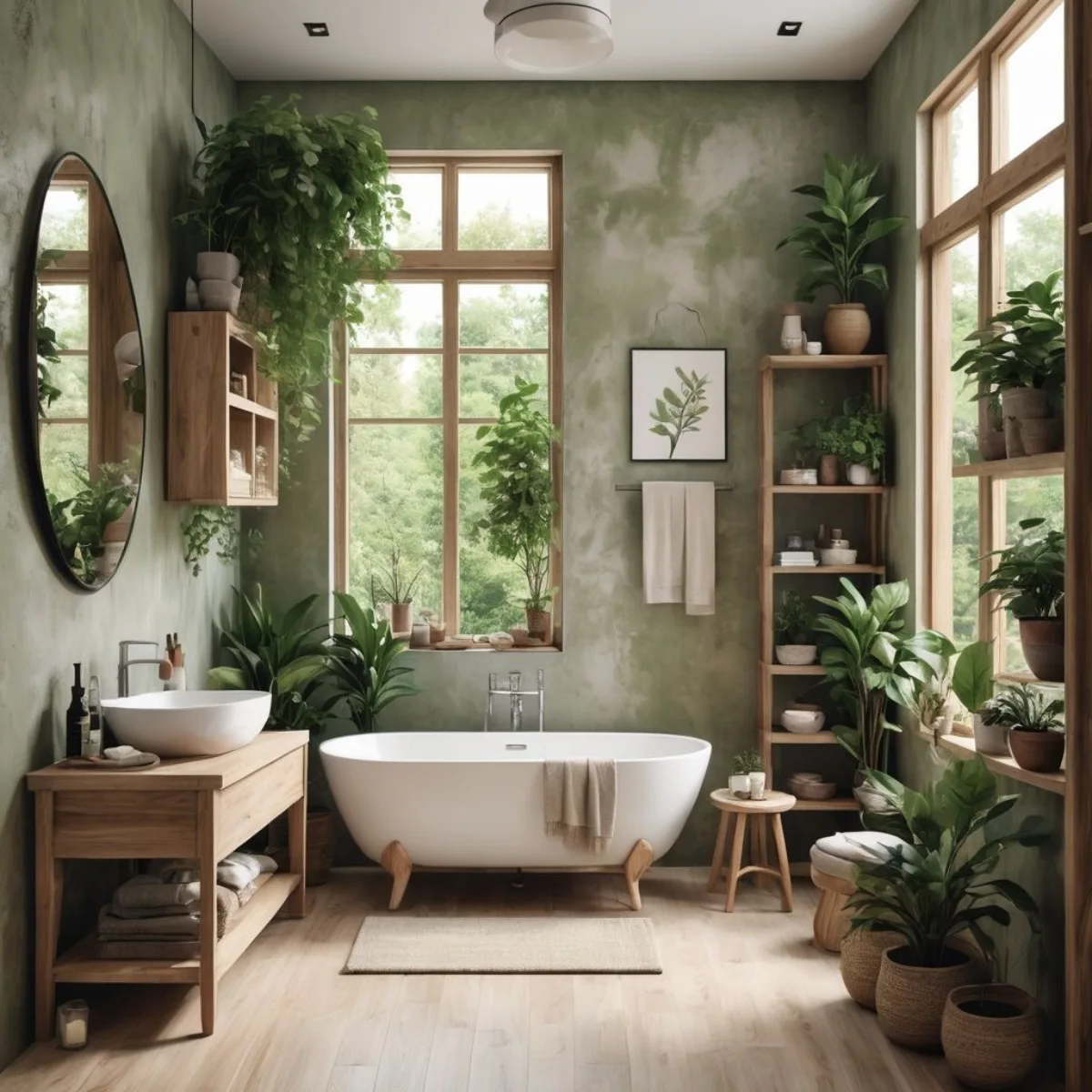 Interior kamar mandi estetik warna sage green dengan jendela besar dan rak kayu gantung