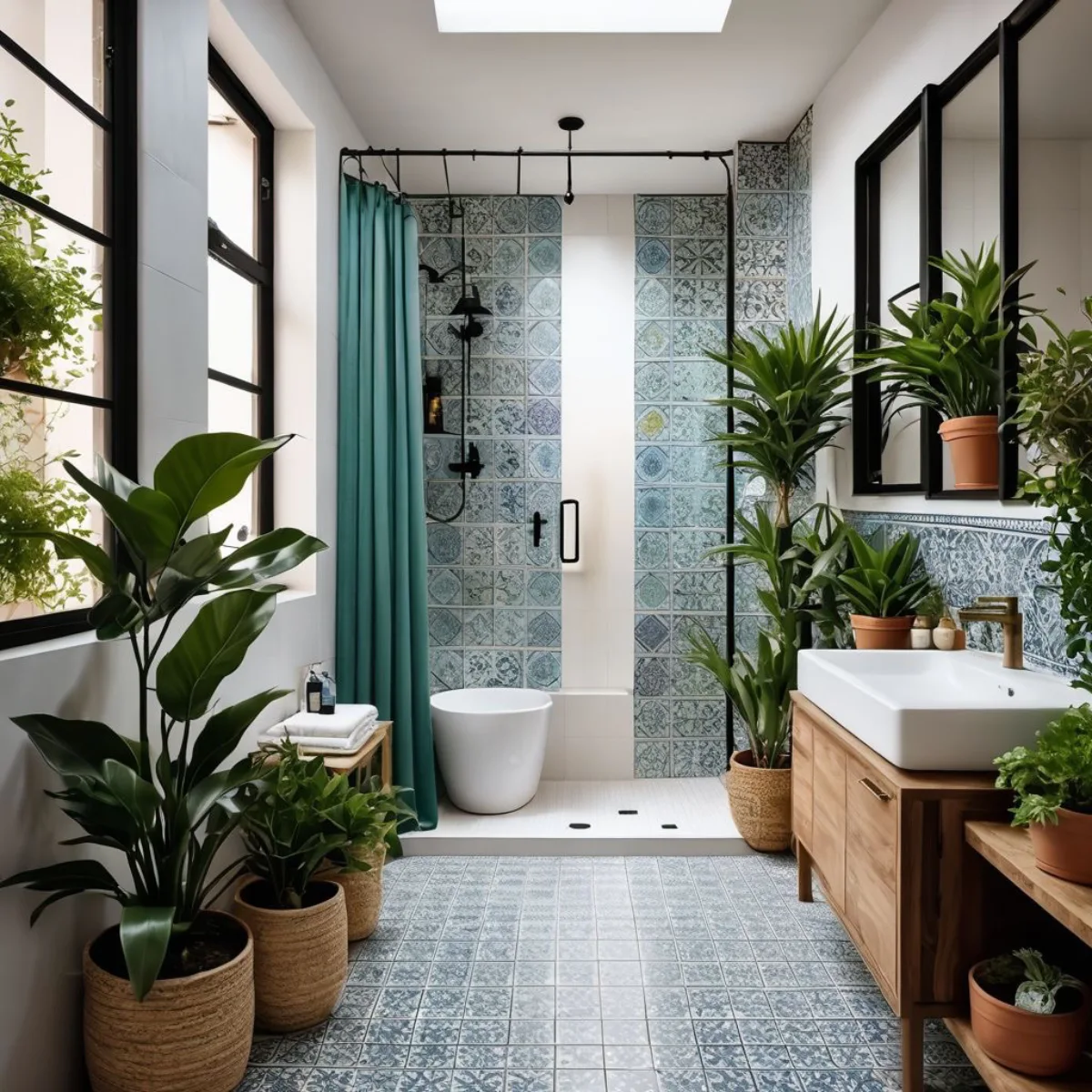 Desain kamar mandi ceria dengan tegel motif biru, tirai mandi teal, dan pot tanaman hijau