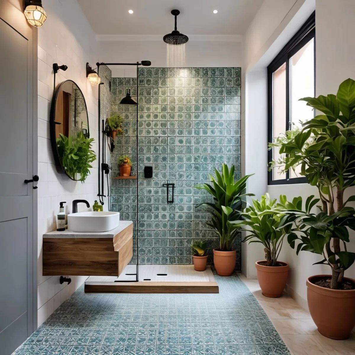 Kamar mandi gaya retro industrial dengan keramik dinding hijau kotak dan perlengkapan shower hitam