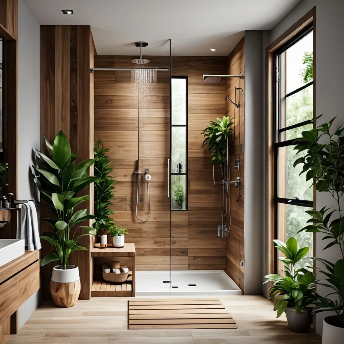 Inspirasi kamar mandi minimalis nuansa kayu hangat dengan tanaman indoor di sudut shower