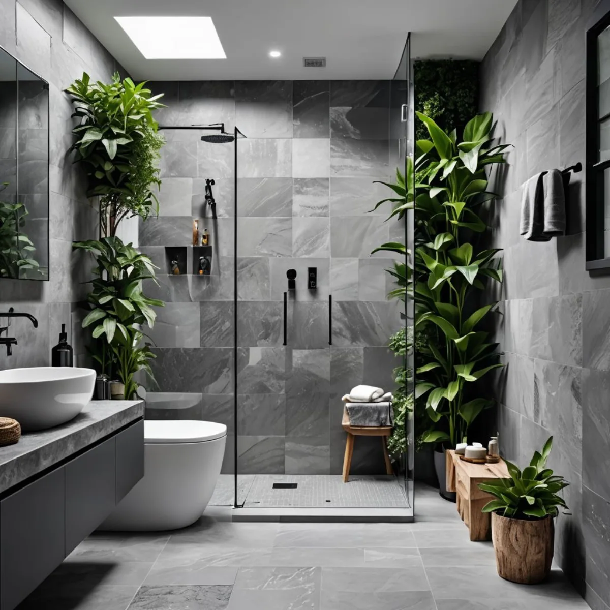 Kamar mandi maskulin modern warna abu-abu batu alam dengan pohon hias indoor