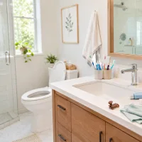 Kamar mandi modern dengan pencahayaan alami terang, countertop putih dan kabinet kayu, serta sikat gigi dan produk skincare yang tersusun santai di dekat wastafel.