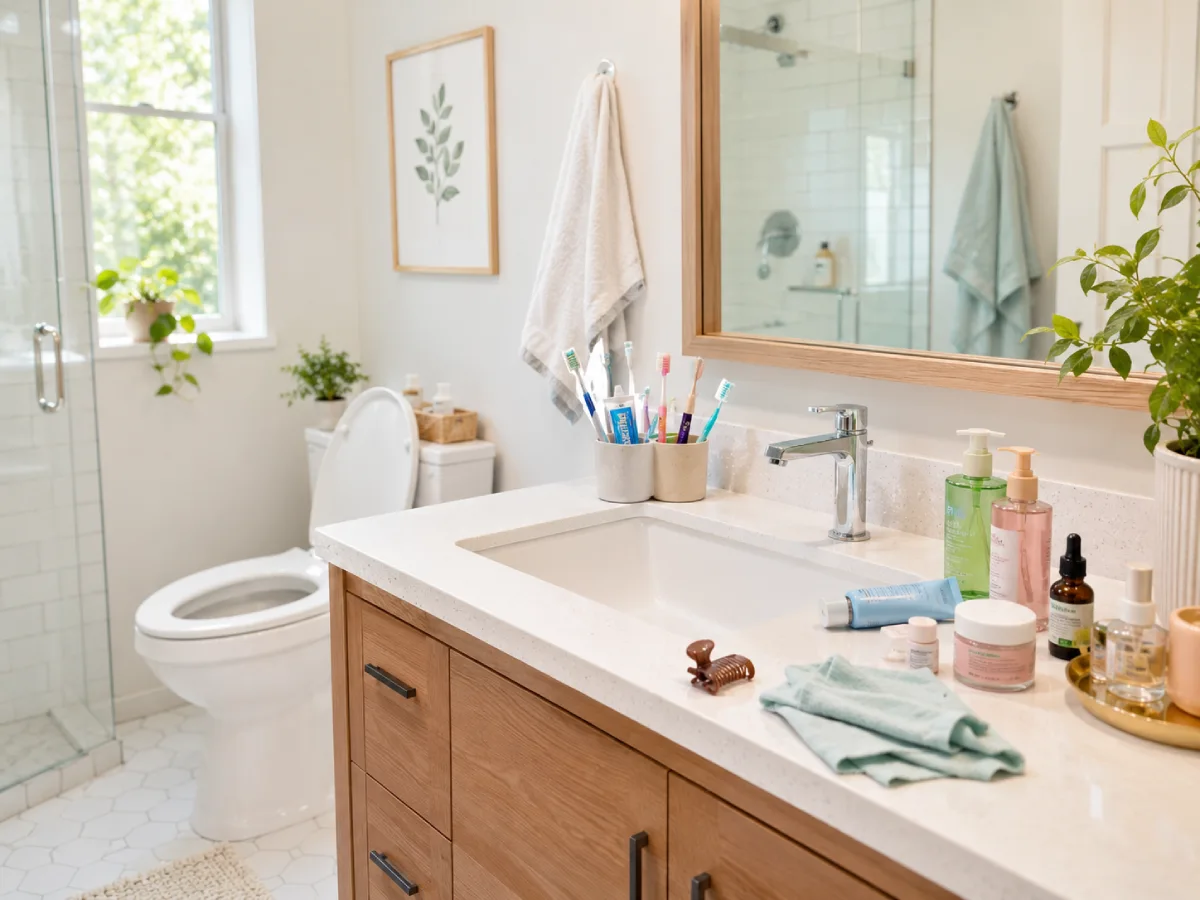 Kamar mandi modern dengan pencahayaan alami terang, countertop putih dan kabinet kayu, serta sikat gigi dan produk skincare yang tersusun santai di dekat wastafel.