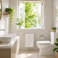 Kamar mandi modern yang terang dan bersih dengan jendela terbuka, tanaman hijau, wastafel minimalis, dan suasana segar alami.