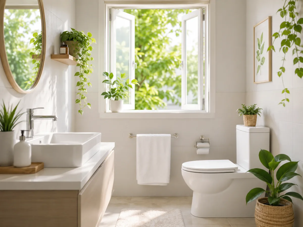 Kamar mandi modern yang terang dan bersih dengan jendela terbuka, tanaman hijau, wastafel minimalis, dan suasana segar alami.