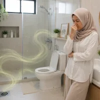 Wanita muslim Indonesia menutup hidung di kamar mandi modern yang bersih karena bau tidak sedap dari saluran pembuangan lantai.