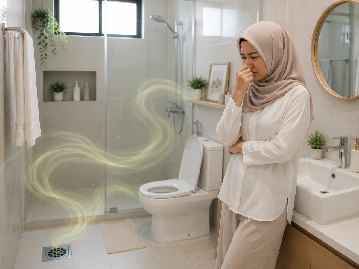 Wanita muslim Indonesia menutup hidung di kamar mandi modern yang bersih karena bau tidak sedap dari saluran pembuangan lantai.